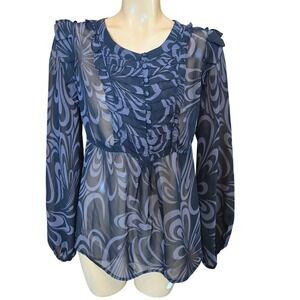 ELLE Womens Sheer Ruffle Cinch Waist Floral Print Long Sleeve Blouse Top Size XL